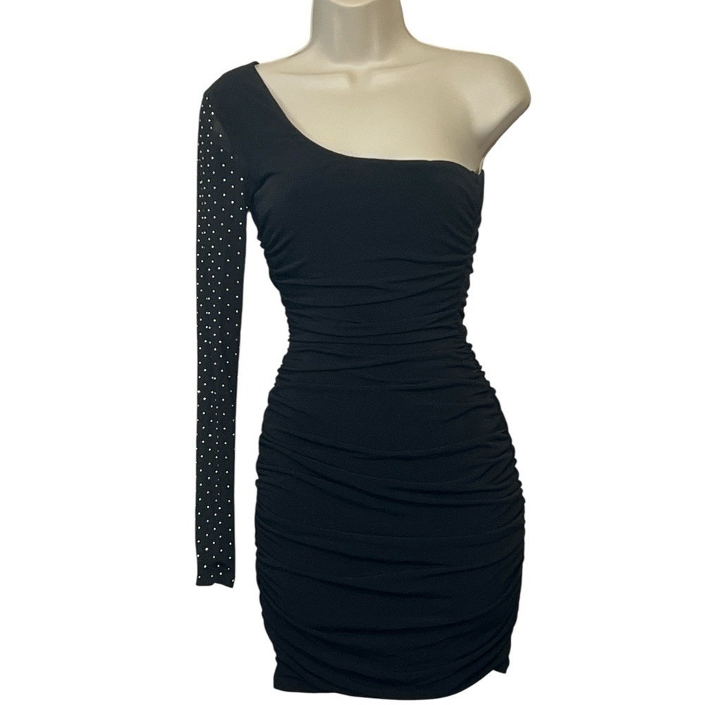 City Studios Juniors' One-Shoulder Studded Mini Bodycon Dress, Black, Size XS - Picture 3 of 11